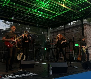Koncert zespołu Przystanek Mrówkowiec na scenie plenerowej Fortu Borek. Muzycy występują przy oświetleniu scenicznym w kolorze zielonym.